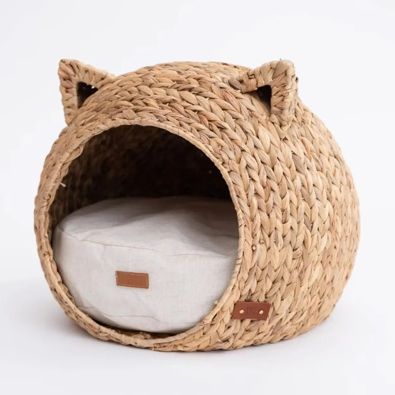High quality custom logo natural seaweed cat hole bed small animal dog rattan pet hammock striped pattern accessories