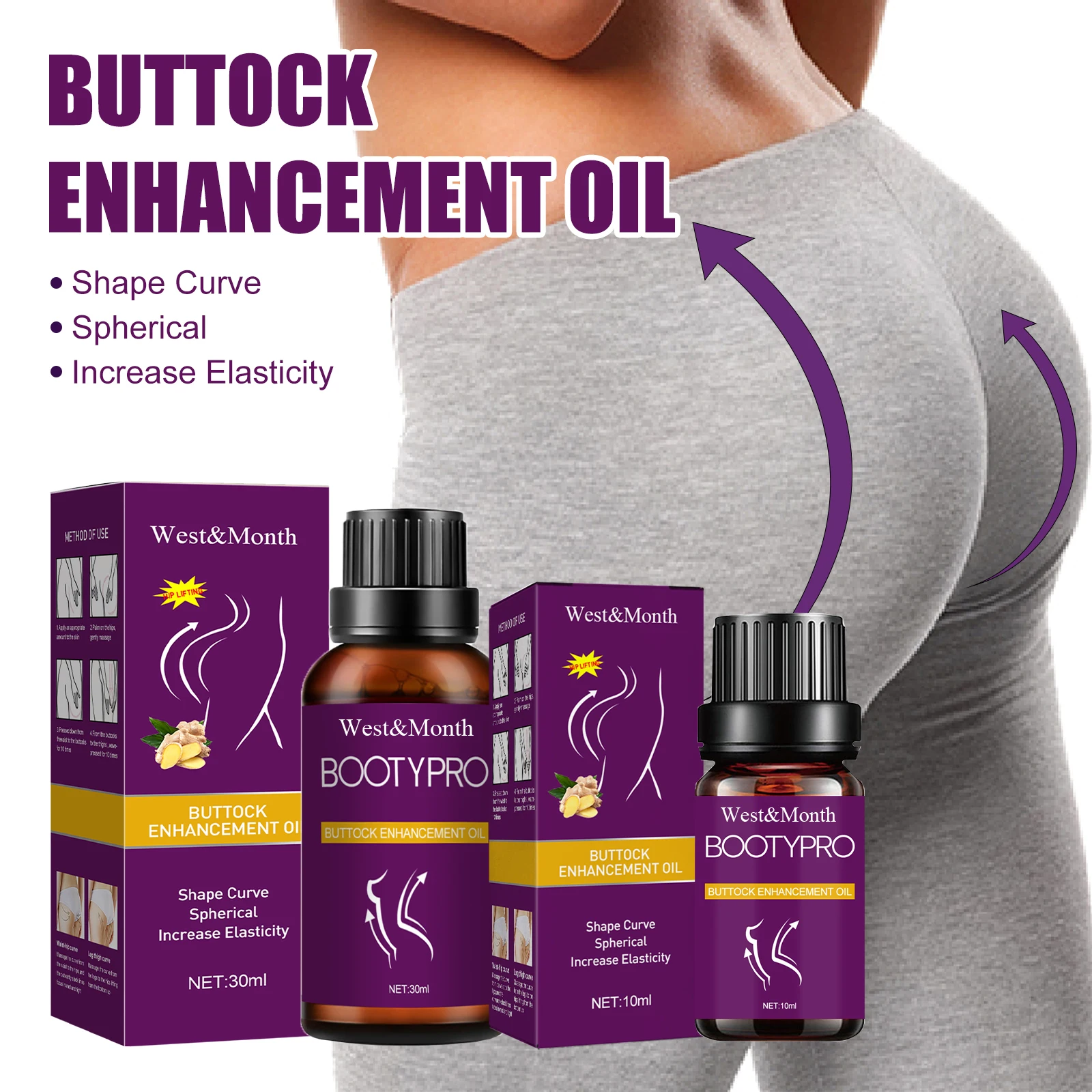West&Month Butt Enhancement Oil (30ml) – Lifting and firming massage oil for a sculpted, peach-shaped butt, enhancing curves and creating a beautiful, perky rear