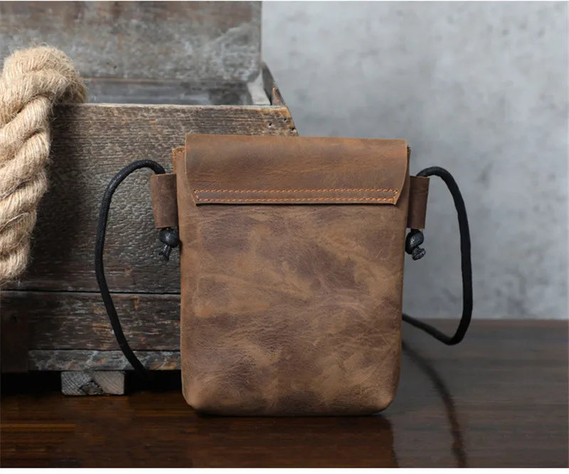 Fashion Vintage Genuine Leather Men Small Phone Shoulder Bag Outdoor Leisure Light Crazy Horse Cowhide Mini Messenger Bag Youth