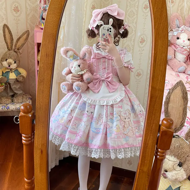 Sweet Lolita Sweetheart Rabbit Bear Cartoon Printing With Apron Bow Sleeveless Lace Ruffles JSK Dress Soft Girly Camisole Dress