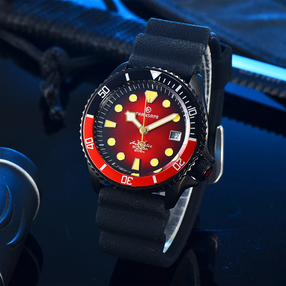 PARNSRPE Divers Men\'s Automatic Watch Luminous Dial Sapphire Glass NH35 Movement Date Indicator burst red