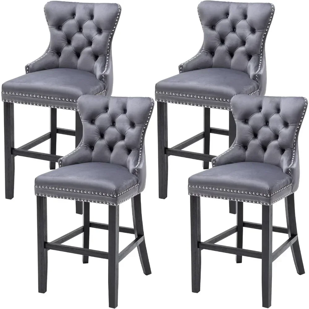 Velvet 26 Inch Bar Stools Set of 6, Seat Height Counter Height Barstools Button Tufted Backrest, Rivet Trim Bar Chairs