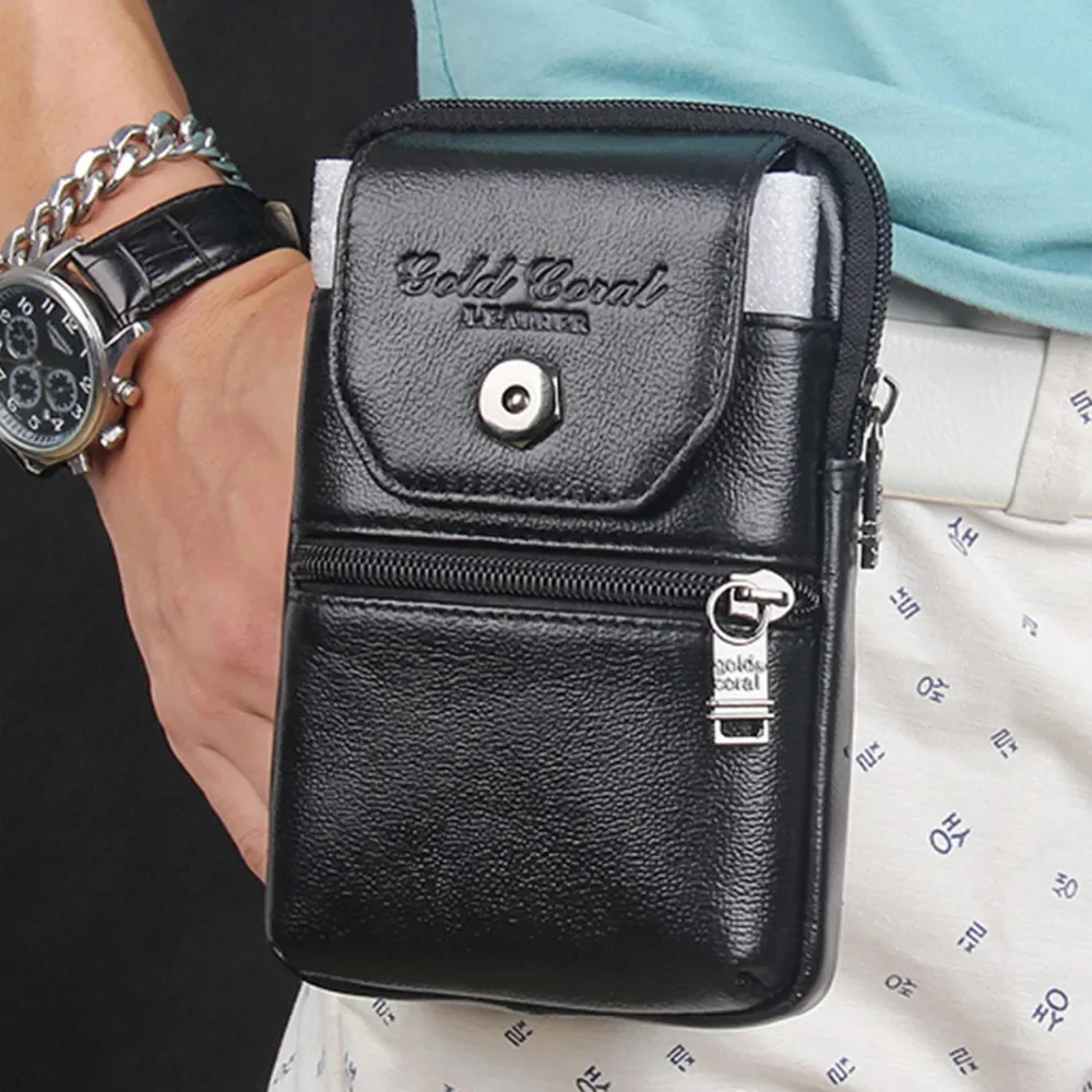 

Men Cell/Mobile Phone Case Waist Belt Bag Genuine Leather ID Card Cigarette Pocket Cowhide Male Hip Purse Fanny Pack Hook Bags