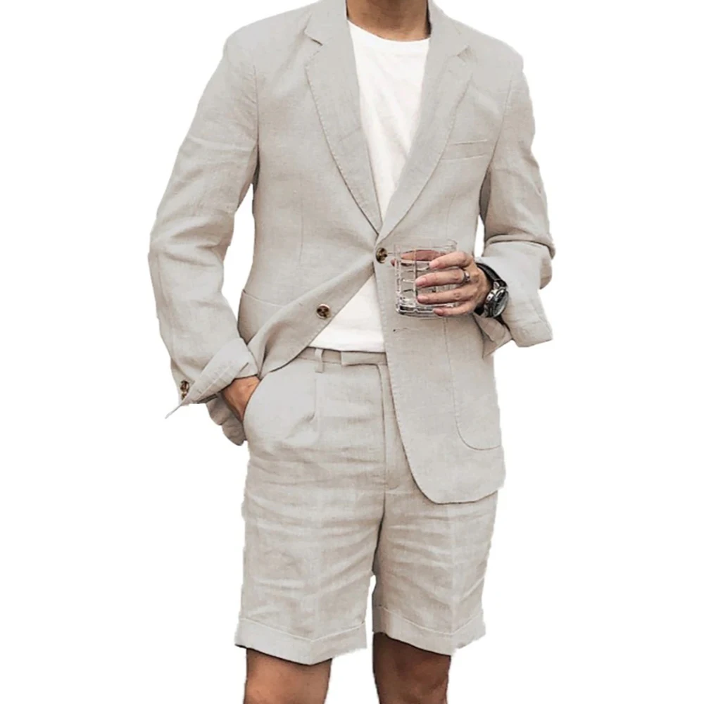 

Summer Men Suits Linen Beige Hombre Costume Wedding Groom Single Breasted Notched Lapel Shorts Jacket Two Piece Coat Slim Fit