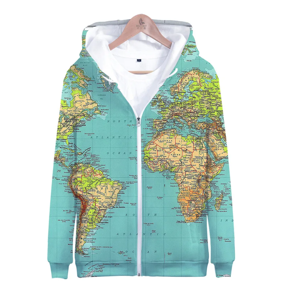 Sudadera con capucha con estampado 3d de World Atlas para hombre y mujer, ropa deportiva de moda Hip Hop con cremallera, chaquetas de manga larga con capucha Harajuku, Tops