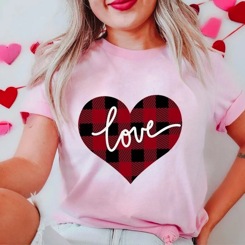 새로운 여성 티셔츠 의류 발렌타인 레오파드 러브 하트 프린트 티셔츠 통기성 티셔츠 루즈 탑 하라주쿠 캐주얼 반소매