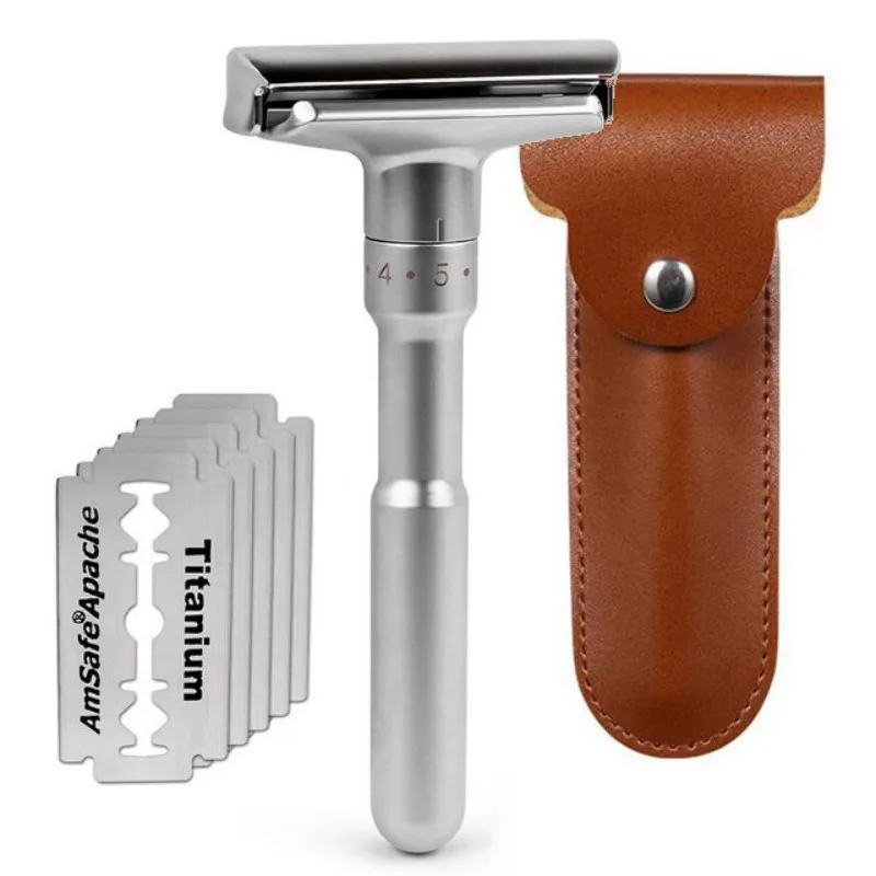 Nueva Maquinilla de Afeitar de Seguridad Ajustable para Hombre, Plegable, de Doble Filo, Clásica, con 5 Cuchillas Recubiertas de Titanio y Soporte para Maquinilla