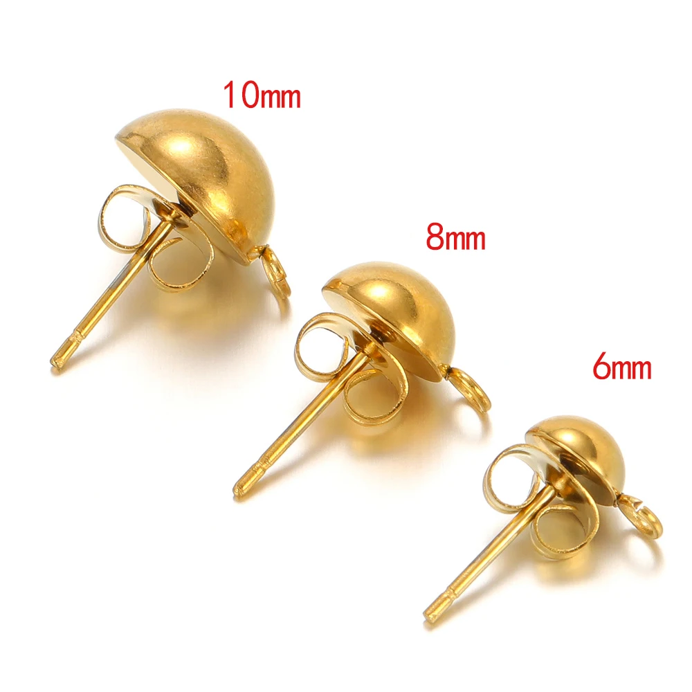 10pcs Stainless Steel Stud Earrings Base Solid Half Ball Ear Post with Open Ring For Earring Making  Accessories 6/8/10mm