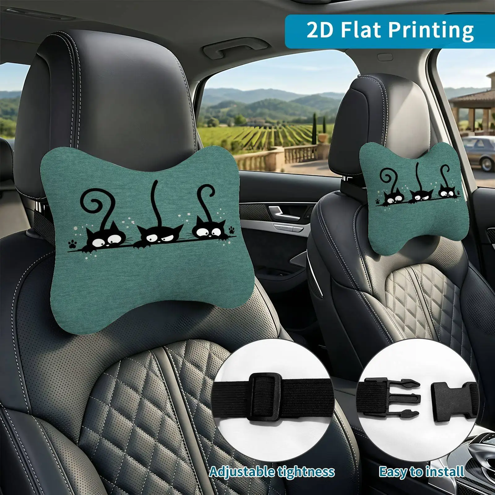 2pcs Three Cats Black Cats Cat Silhouettes Car Seat Headrest, Neck Support Cushion, Suitable For All Seasons Of Car Additions, C