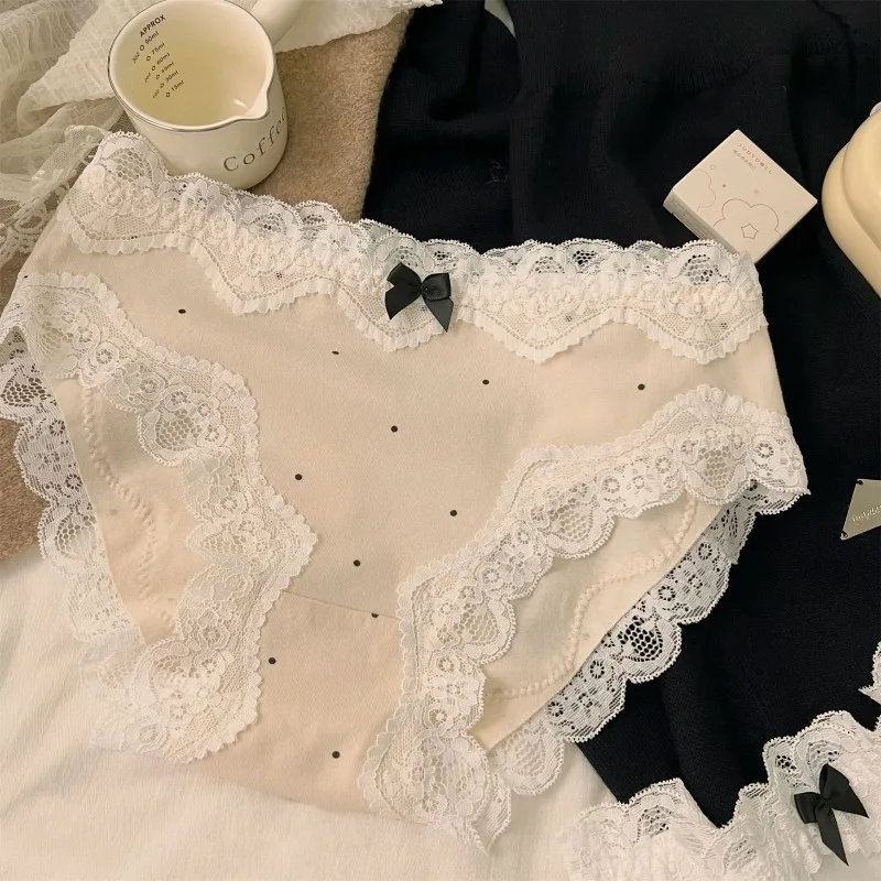 Bragas de lunares de encaje para mujer, ropa interior Sexy de cintura media, ropa interior de algodón puro, bragas suaves transpirables para mujer, bragas íntimas