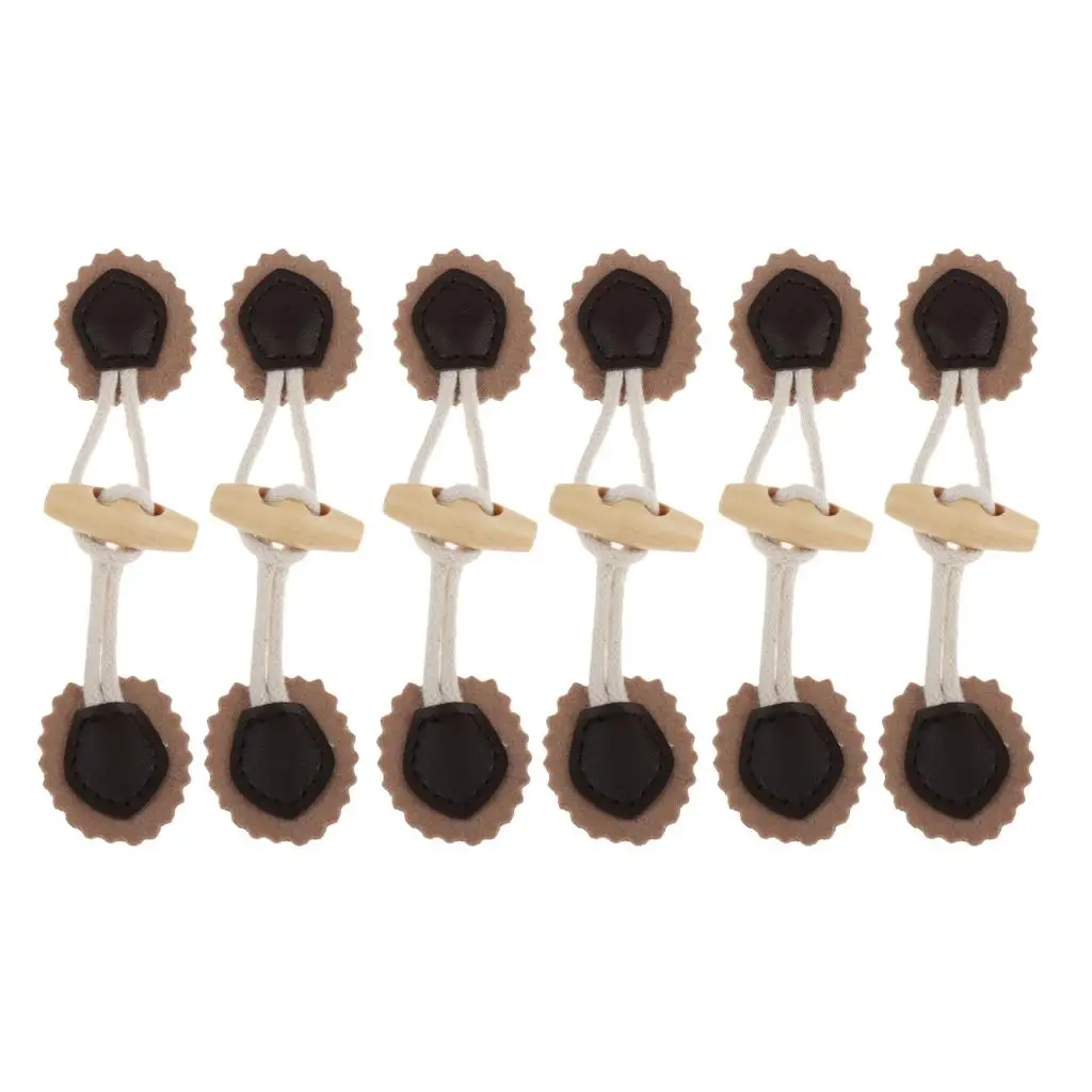 Prettyia 6 Pairs Sew on PU Leather Horn Toggle Buttons Clothes Accessories