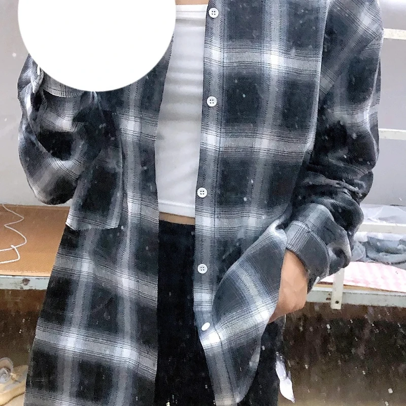 Vintage Plaid Shirts Oversize Basics Long Sleeve Turn-down Collar Pocket Loose Single Breasted Casual Thin Coat