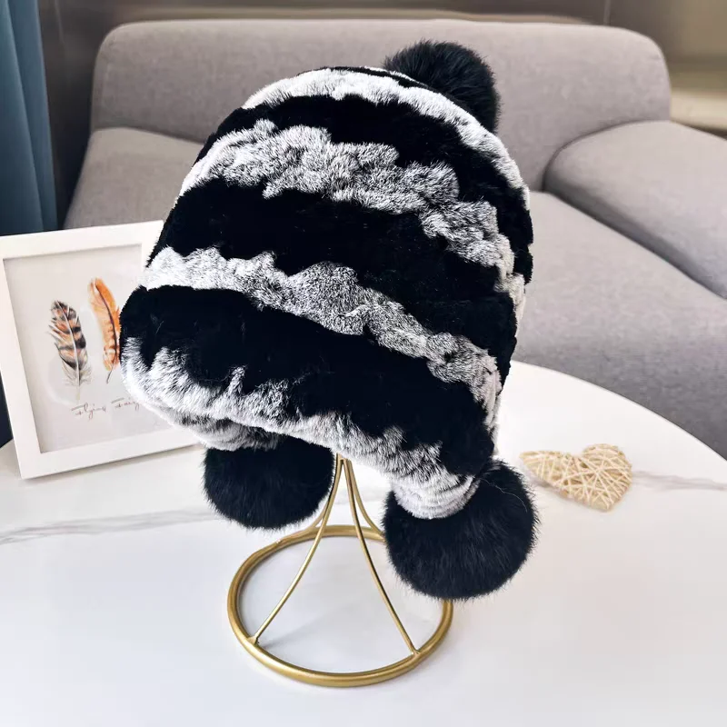 Soft Knitted Lined Thick Real Rex Rabbit Fur Hat Russian Women Winter Earflap Hats