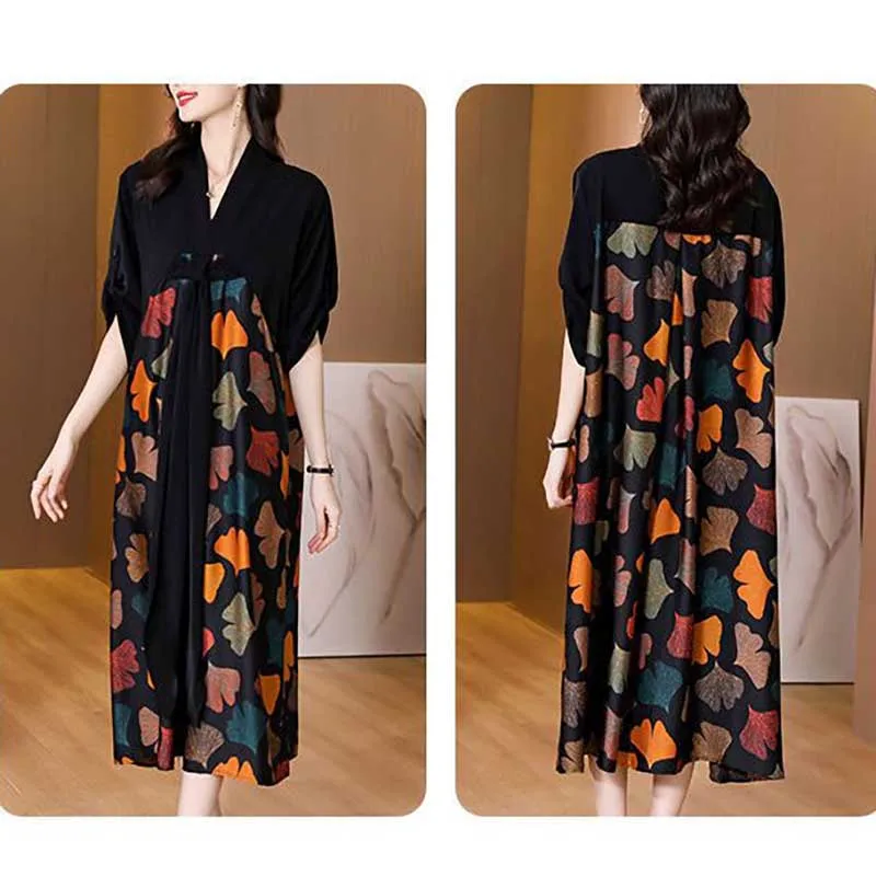 Fashion V-Neck Spliced Lace Up Bow Printed Vintage Dress Women's Clothing 2024 Spring Summer New Loose Office Lady Floral Dress