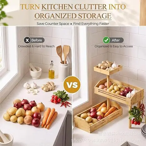 Rotating Bamboo Counter Storage Shelf Ventilated Tiers Hooks Kitchen Corner Organization Produce