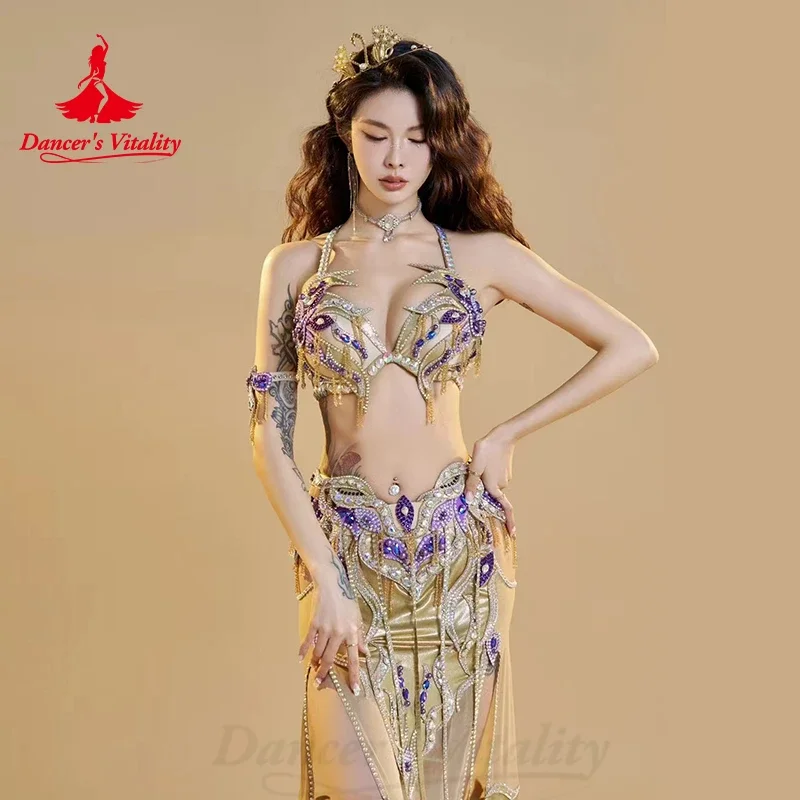 

BellyDance Costume Women's Customization Senior AB Stones Bra+Sexy Split Long Skirt 2pcs Oriental Dance Performance Costumes