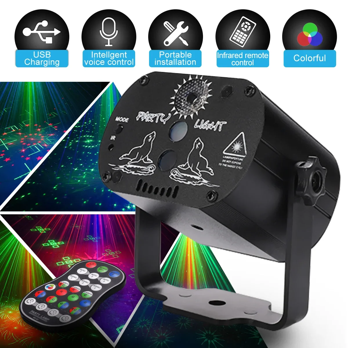 Miniproyector de luz disco RGB para DJ, láser LED de escenario, lámpara verde, roja y azul, recargable vía USB, para bodas, fiestas de cumpleaños