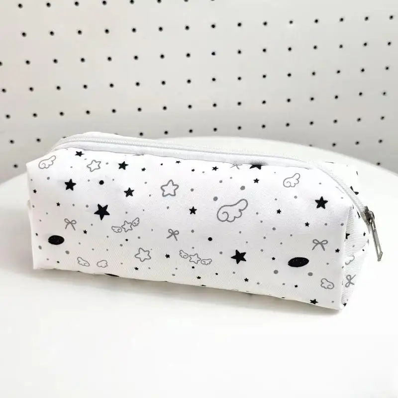 1Pcs Star Cloud Bow Print Canvas Pencil Pouch Large Capacity Portable Zipper Pen Bag Student School Stationery Storage Case