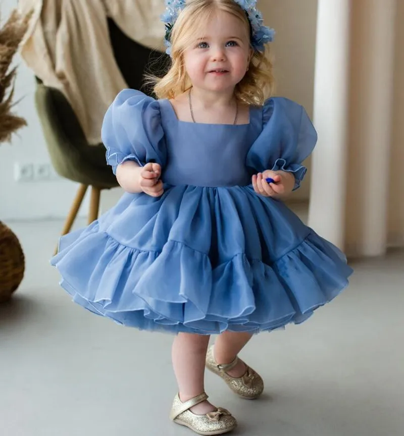 New Customized Baby Girl Dress Puff Sleeves Organza Big Bow Children Birthday Party Gown Tutu Kid Size 1-14 Year Vestidos