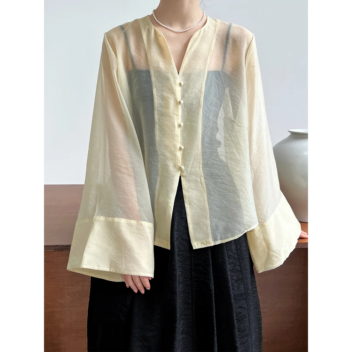 Chinese Style Tang Suit Flare Sleeve Shirt Summer Women National Design Sense Sunscreen Cardigan Slightly Transparent Cover Up