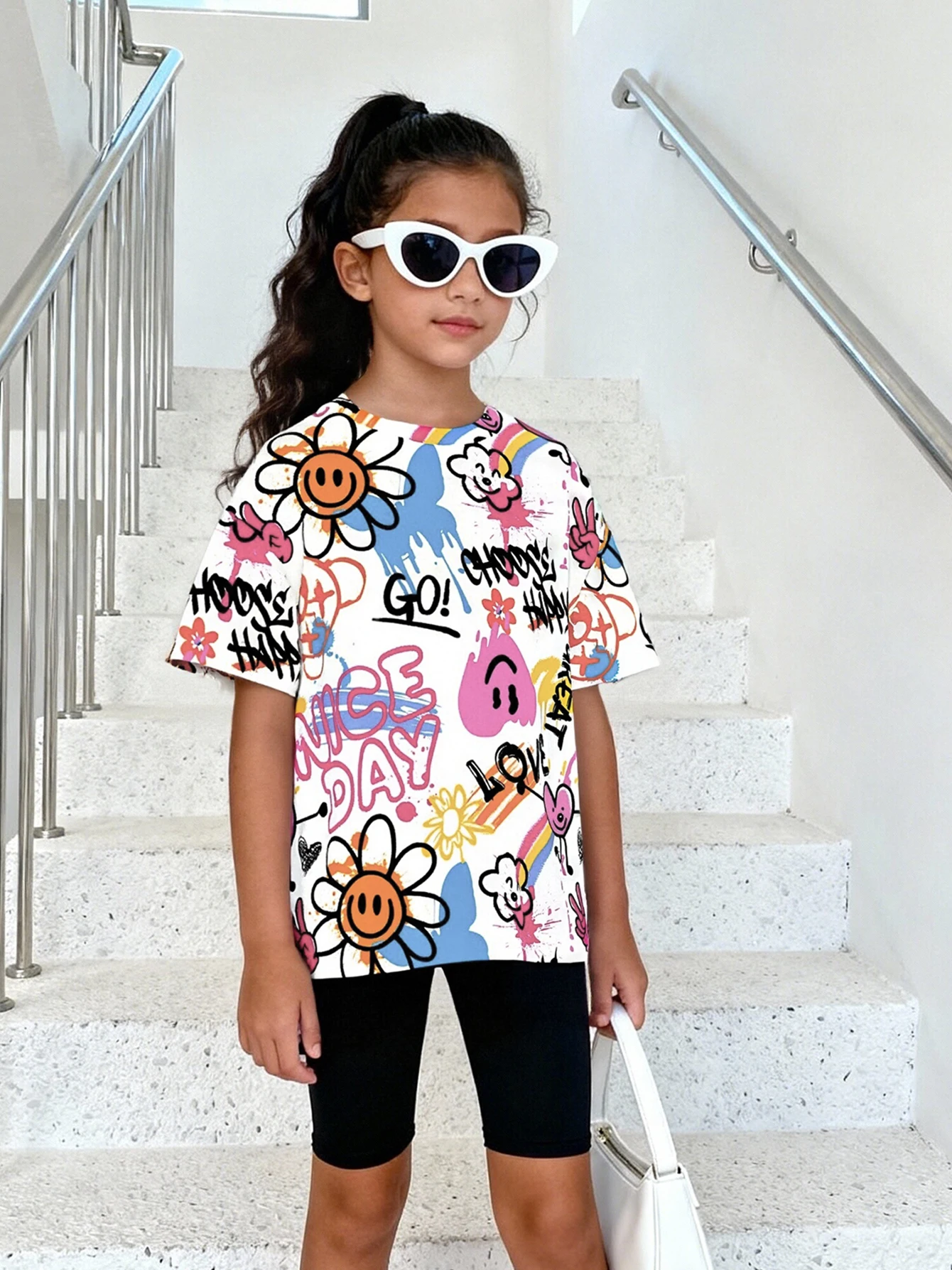 

2026 Girls' White Smiling Sunflower Graffiti Full Print Short Sleeve T-Shirt