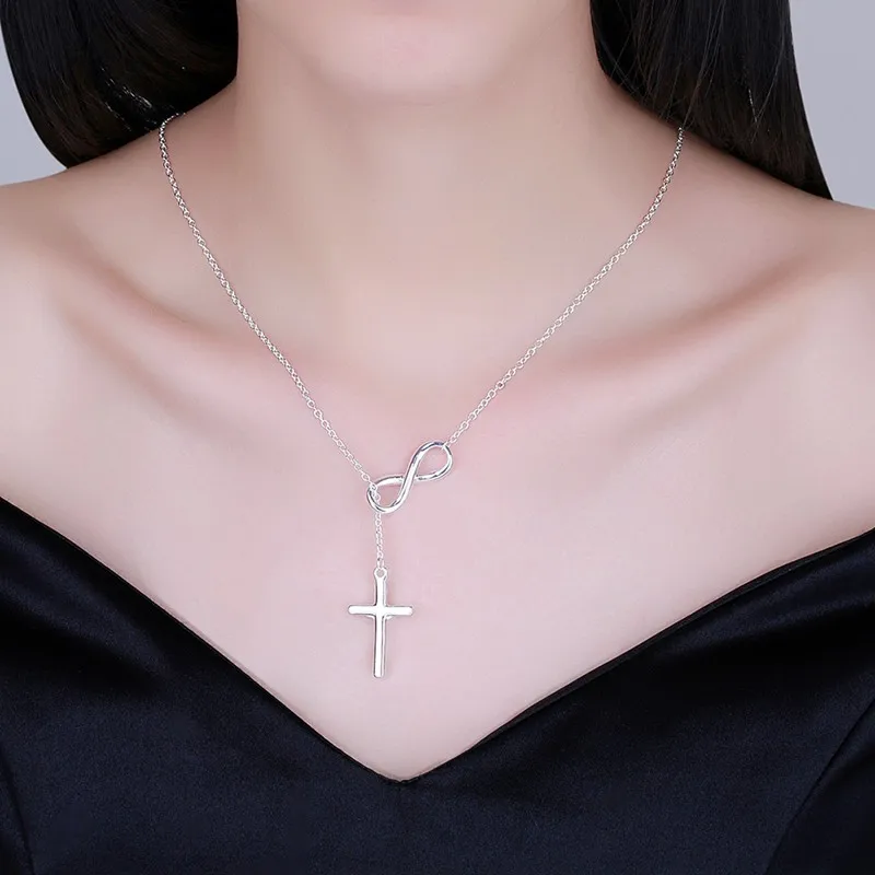 New Stylish 925 Silver Needle Cross Pendant Infinity Symbol Long Link Chain Fashion Necklace Pendant Women Popular Jewelry