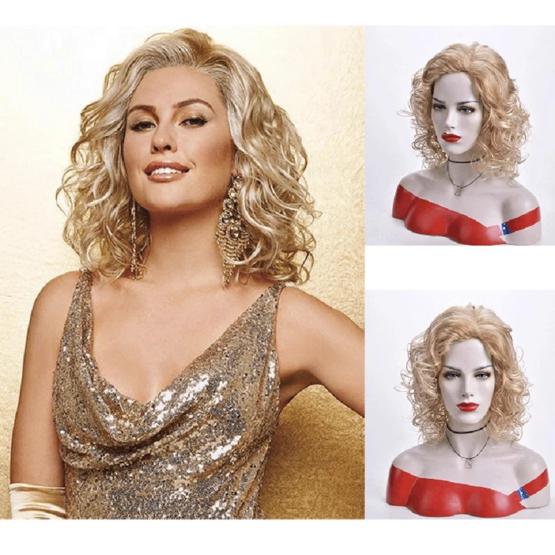 

European and American style medium-length curly wig, fashionable golden synthetic fiber high-temperature silk full headpiece for