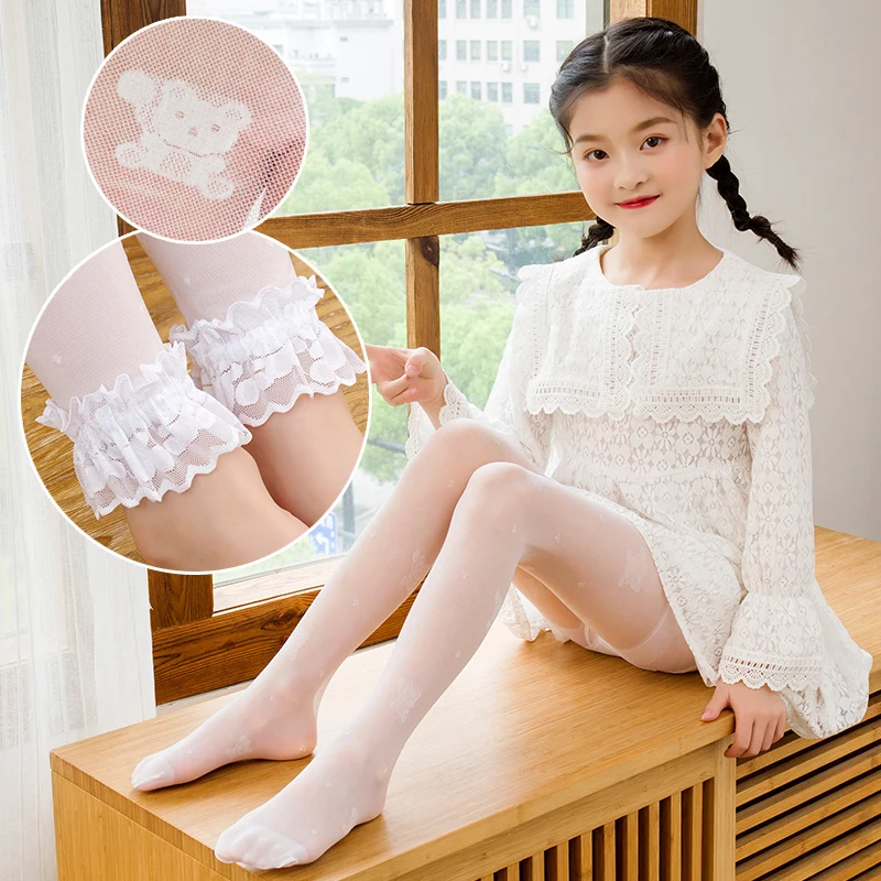 Child Girls bear balloon summer thin pantyhose silk nine-point lace pants princess Super transparent mesh baby kids leggings