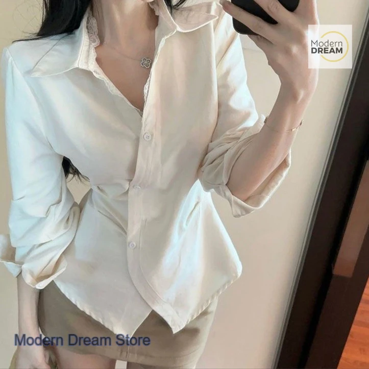 Camicia di nicchia senso design in stile francese da donna primavera e autunno nuova moda top a maniche lunghe sottile con cintura irregolare