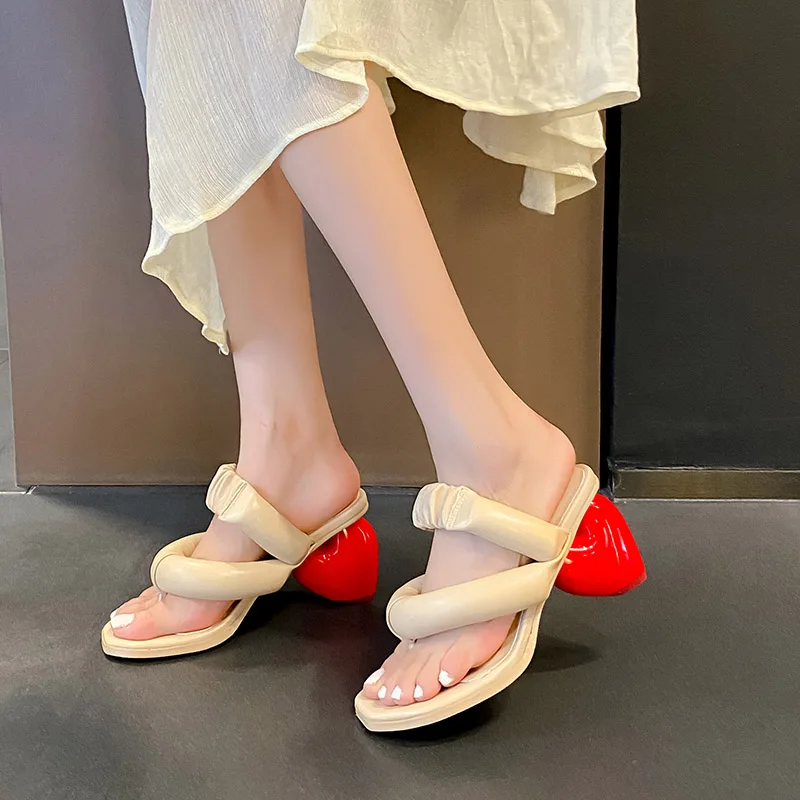 Phoentin New Fashion Red Heart High Heels Sandals Flip-Flops Slipper Woman Summer 2023 strange Shaped Heel street shoes FT2438