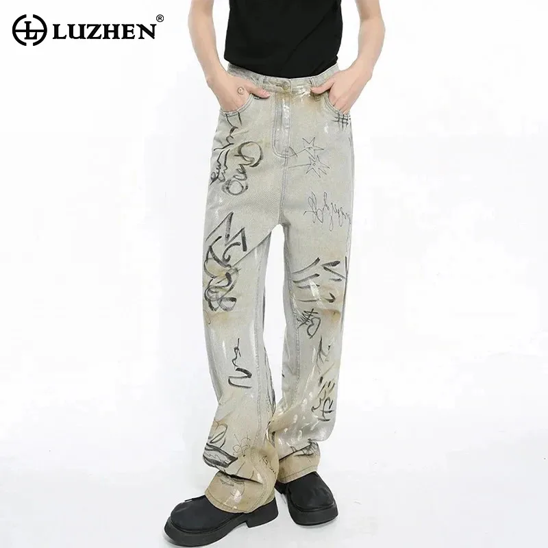 

LUZHEN Streetwear Jeans Men Male Spring Personalized New Fashion Handdrawn Graffiti Old Washed Denim Pants Trendy Trouser 9C5099