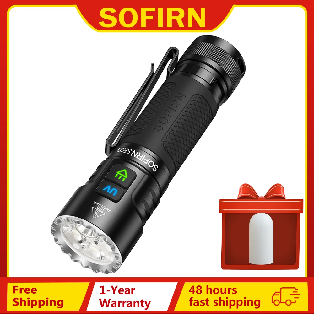 SOFIRN SR23 3300LM Flashlight 6500K UV 365nm EDC Light 21700 USB C Rechargeable Dual Switch Torch