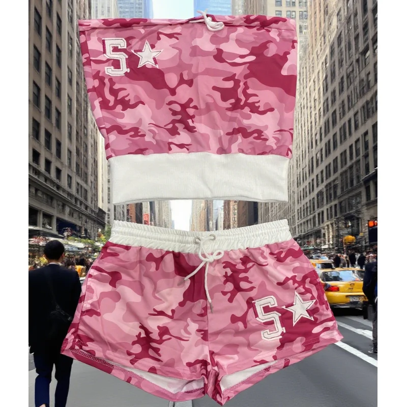 

2025 New Street Color Contrast Waist Camouflage Featured Hoodie, Casual Straight Shorts, Fashion Two Piece Set ins
