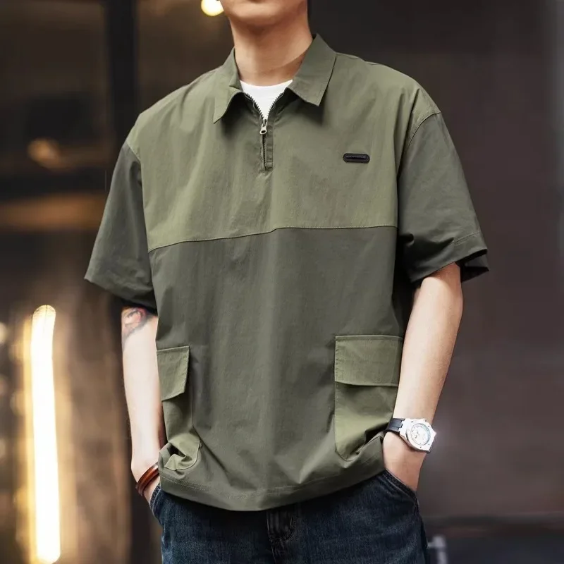 GELITAYIN Summer American Vintage Short Sleeve Polo Cargo T Shirt Men Loose Casual Polos High Street Plain Lapel Oversized Blous