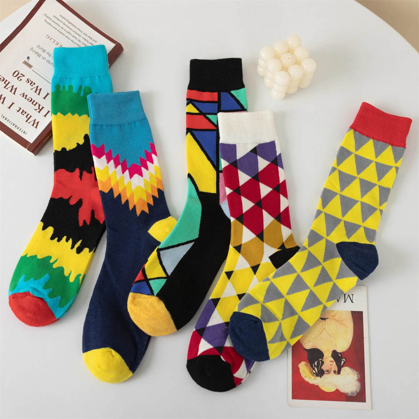 New Arrival Unisex Couples Geometric Colorful Triangular Grid Striped Clash Color Fashion Trendy Harajuku Style Socks