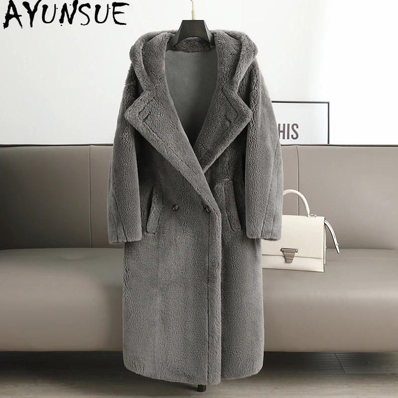 AYUNSUE 여성용 100% 천연 울 코트 여성 의류를위한 중간 길이 패션 자켓 겨울 겉옷 Abrigo Mujer