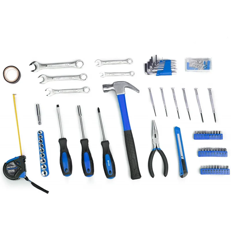 مجموعة أدوات يدوية منزلية عامة مكونة من 148 قطعة مع حقيبة تخزين صندوق أدوات بلاستيكية باللون الأزرق