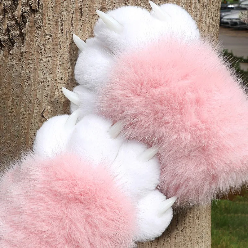 

Furry Fox Cat Paws Gloves Animal Fursuit Cosplay Costume Props Cartoon Plush Gloves Squeaky Kig Warm Claw Gifts Halloween Party