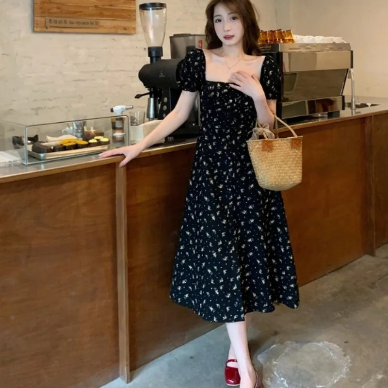 Abiti eleganti da donna Slim a-line stile coreano floreale progettato Mori Girls Chic estetica estate giovane manica a sbuffo colletto quadrato