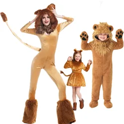 Adult Kids Animal Cartoon Lion Plush Hooded Jumpsuit With Tail Halloween Costume For Women Baby Girls Lion King Cosplay