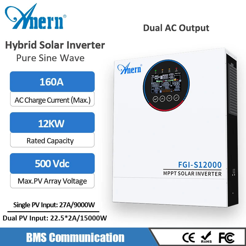 Inversor Solar Híbrido Anern 12000W 6500W 48V com MPPT Integrado 160A 120A, Inversores Fotovoltaicos Off-Grid 230V, PV Máx. 500Vdc
