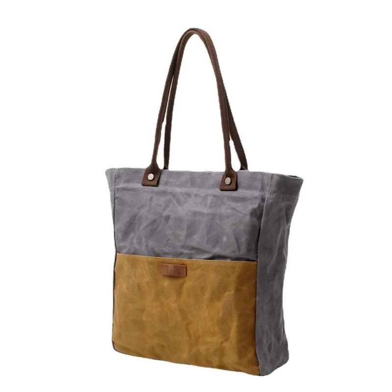 Retro fashionable oil-wax canvas women's bag, waterproof, fabric bag, retro color contrast shoulder bag, hand-held shopping bag
