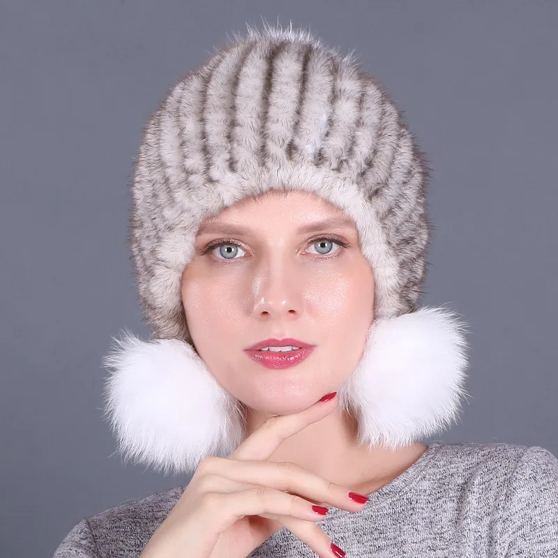 Fur hat for women three balls of thickened ear warm adults