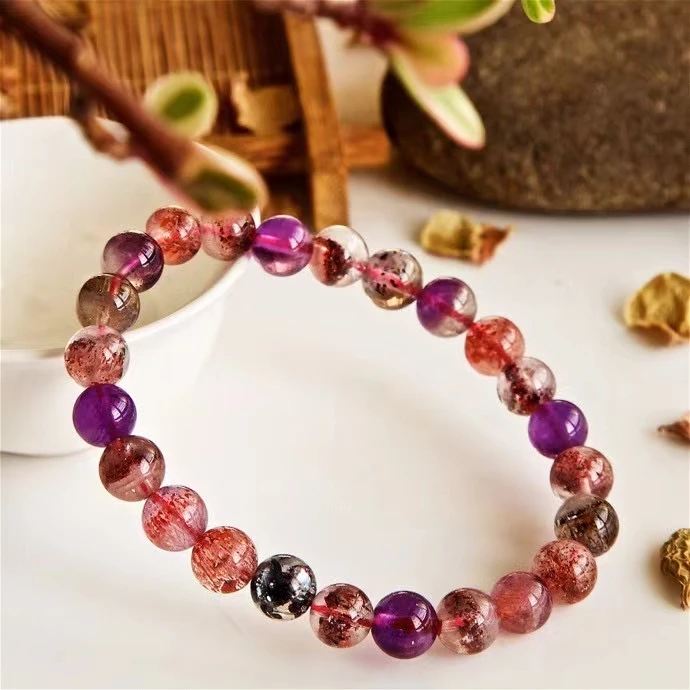 

Natural Super 7 Seven Red Lepidocrocite Quartz Bracelet Jewelry 7.8mm Woman Rutilated Quartz Clear Beads AAAAAAA