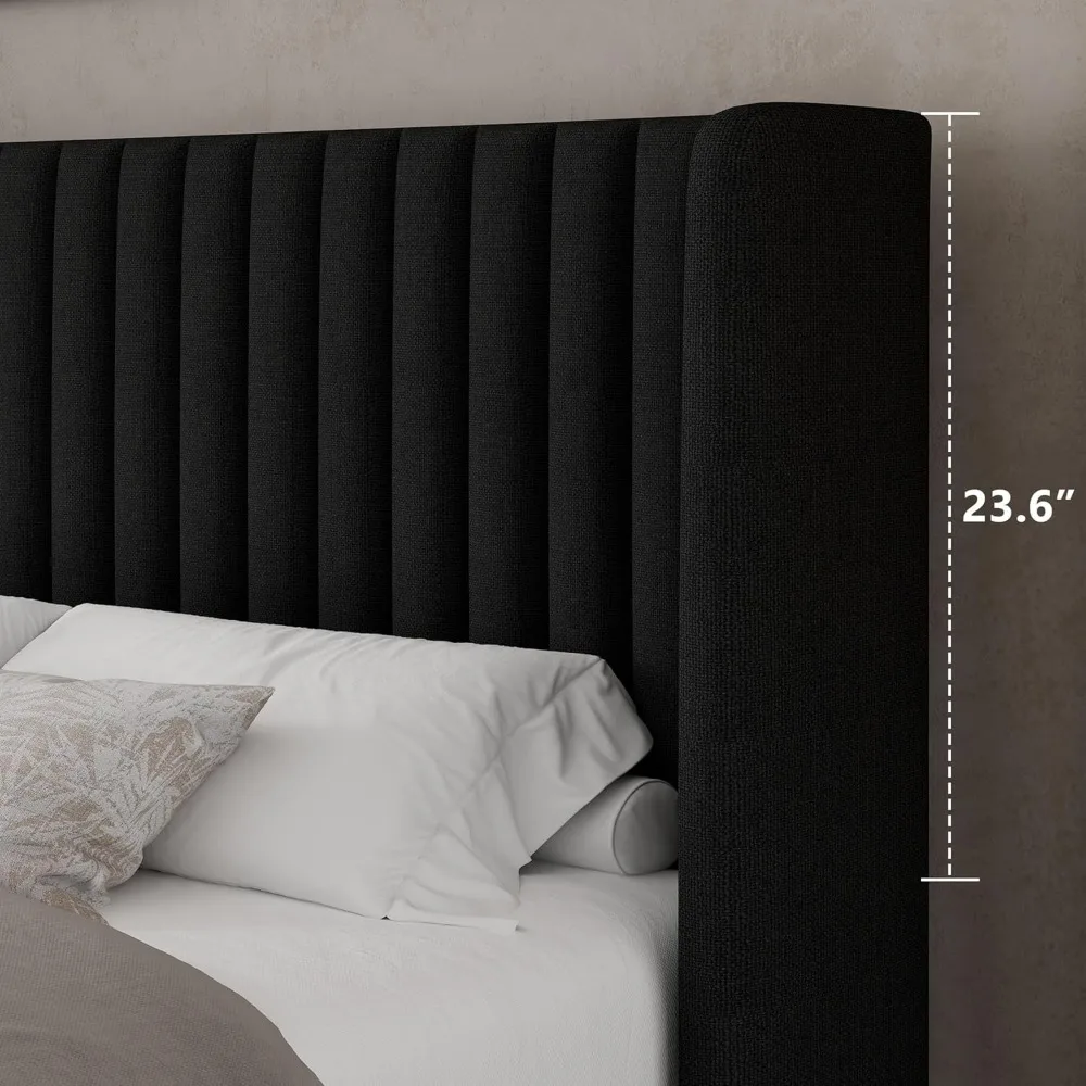 إطار سرير تخزين كبير الحجم من Feonase، سرير بمنصة منجدة من الكتان مع لوح رأسي مجنح، تخزين هيدروليكي، بدون صندوق S #4