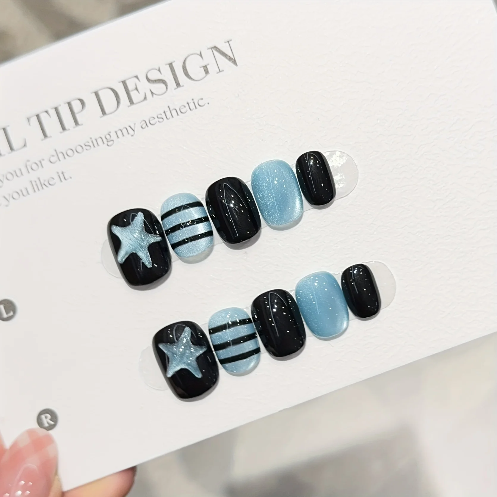 10pcs Handmade Press on Nails Star Cat Eye Star Blue Buck Full Coverage Nail Pieces for Women&Girls Detachable Wearable Nail