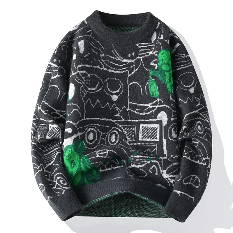 الرجال الخريف الشتاء طويلة الأكمام متماسكة سترة جولة الرقبة جديد الجاكار الدفء السترة الترفيه موضة الاتجاه الرجال الملابس القمم #1