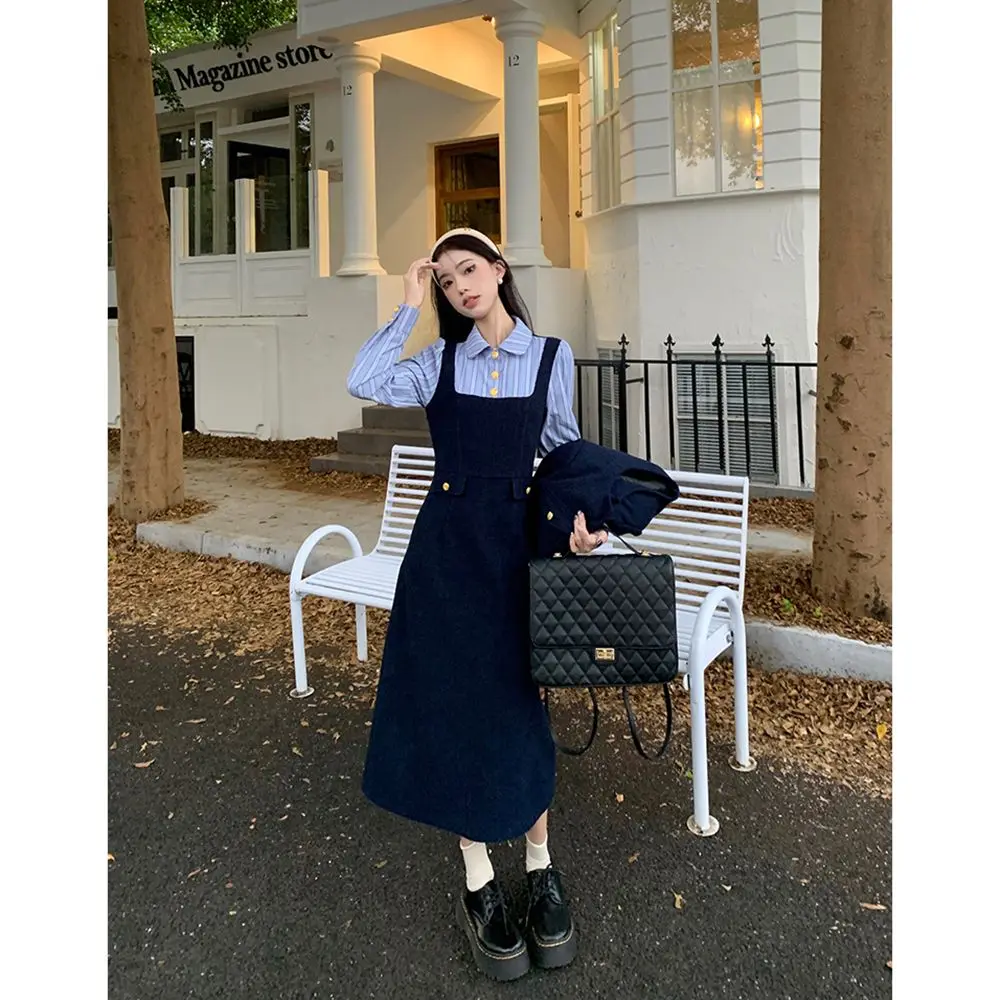 

2026 New Women Dress Suits Korean Slim Tweed Short Jacket And Striped Patchwork Long Dress 2 Piece Set Ladies Elegant Outfit