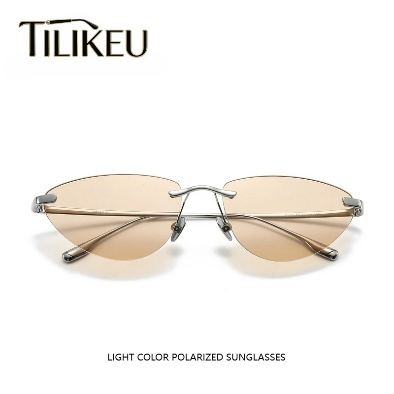 

Fashion Korean-Style Cat eye Rimless Sunglasses Women Ultralight Pure Titanium Oval Travel Sunscreen Polarized Sun glasses UV400