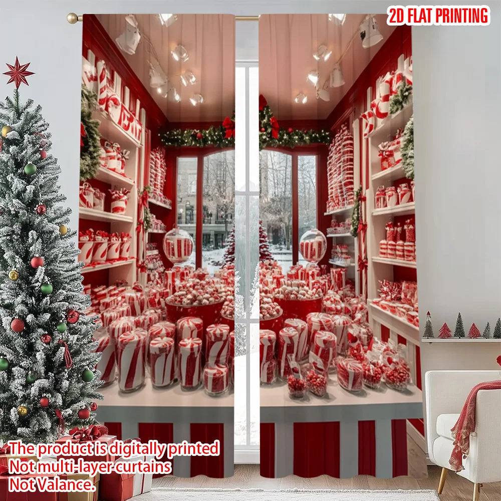 

2pcs 2D flat printing Merry Christmas Curtain Candy Party Machine Washable Fabric Without Electricity Versatile for Holiday